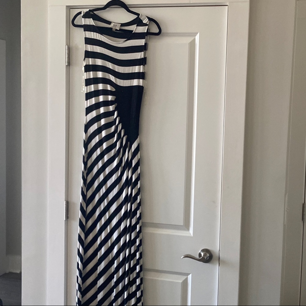 ECI Black and White Halter Sheath Maxi Dress